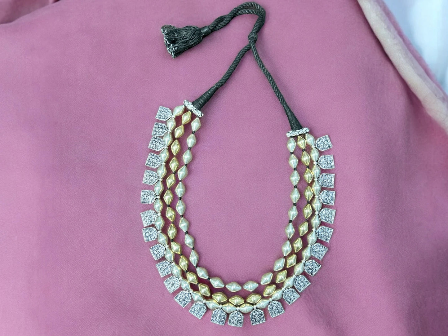 Handmade Beads Necklace. Handmade 92.5 Sterling Silver Wax covered Beads 3 Lines Raani Haar Rajasthan Tribal Queen Necklace with Kali Charms