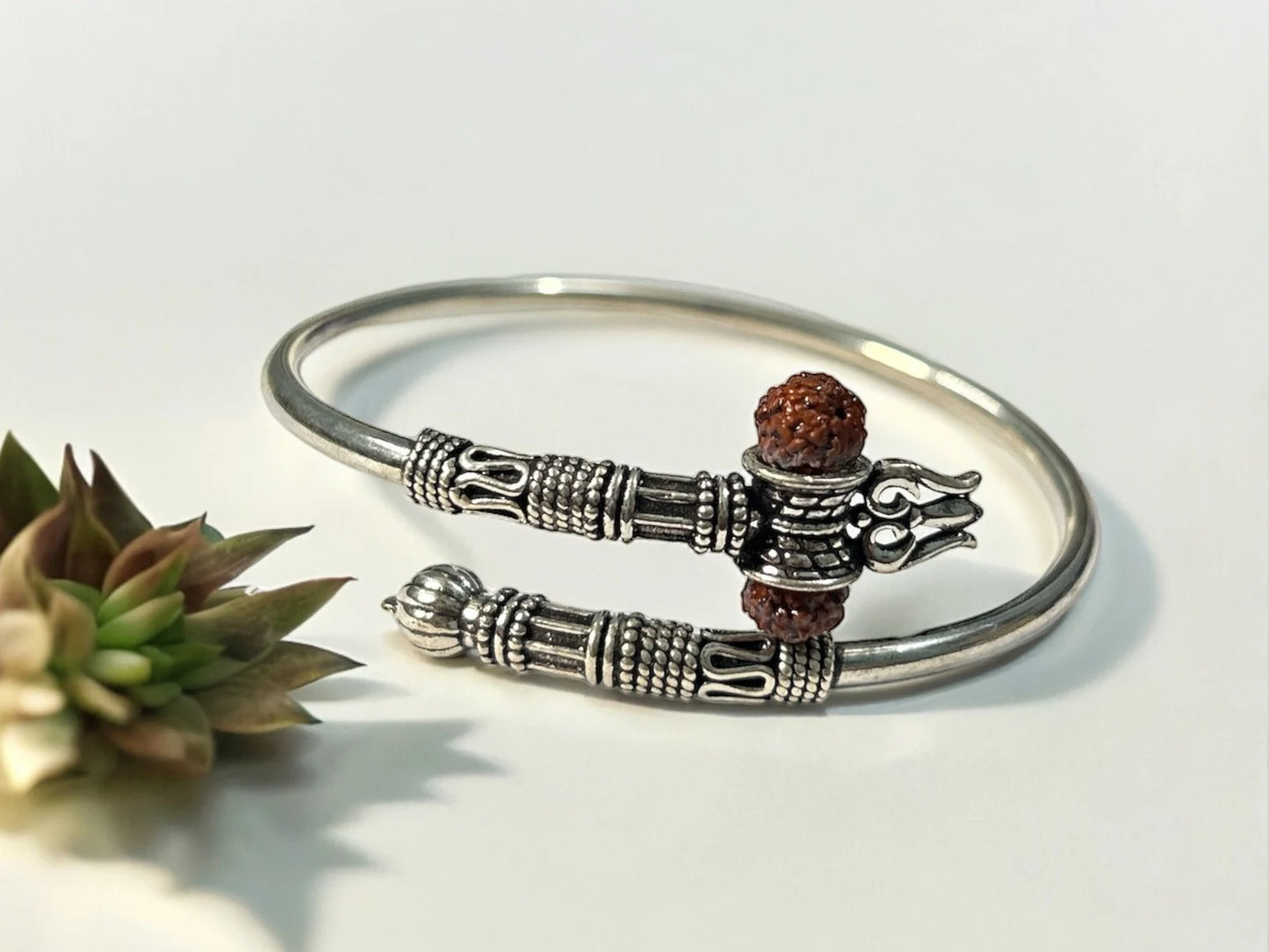 925 Sterling Silver Lord Shiva trident trishul trishool kada handmade bangle bracelet with Rudraksha, Trident Bracelet, Men's Bracelet, Gift
