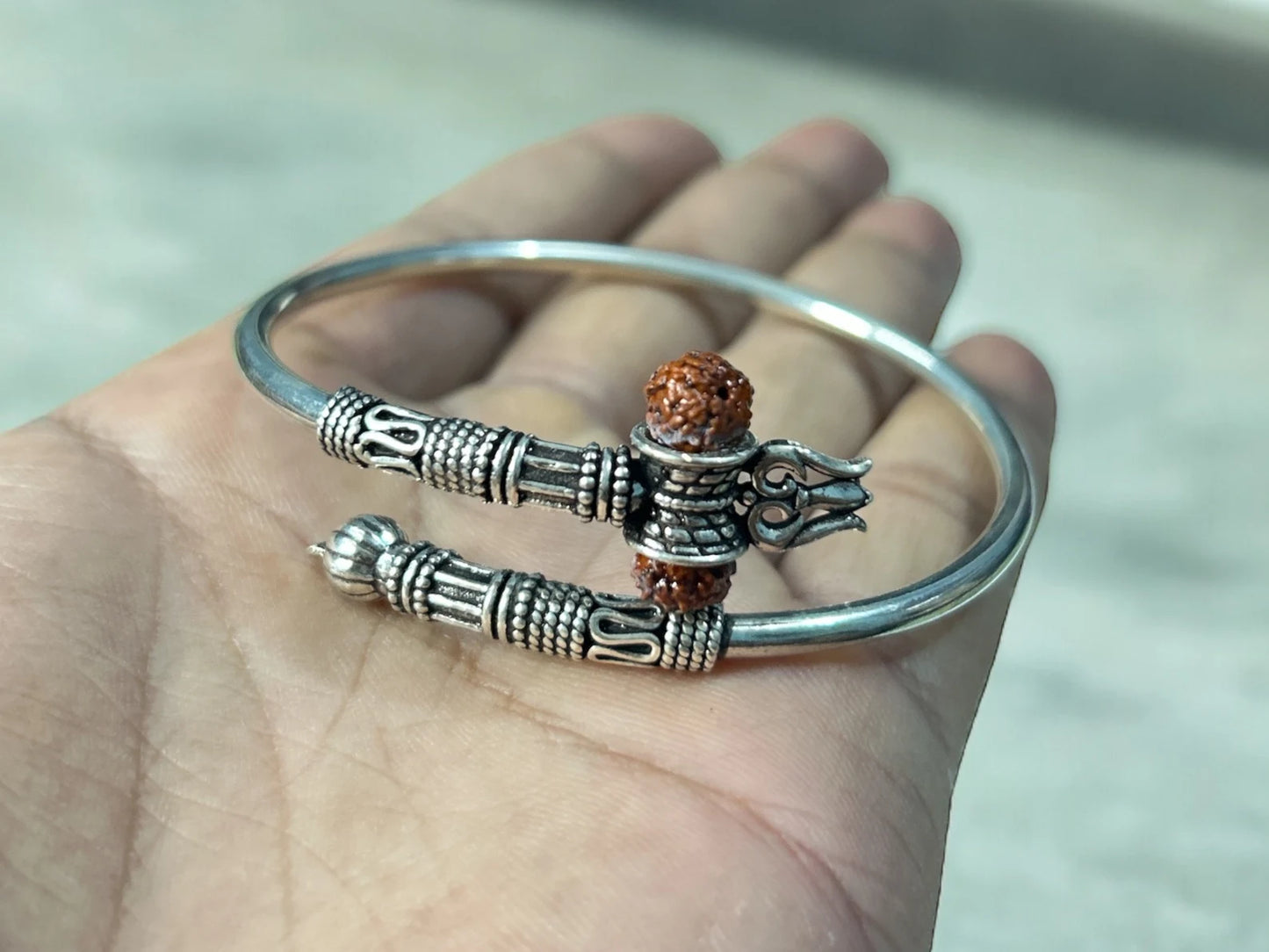 925 Sterling Silver Lord Shiva trident trishul trishool kada handmade bangle bracelet with Rudraksha, Trident Bracelet, Men's Bracelet, Gift