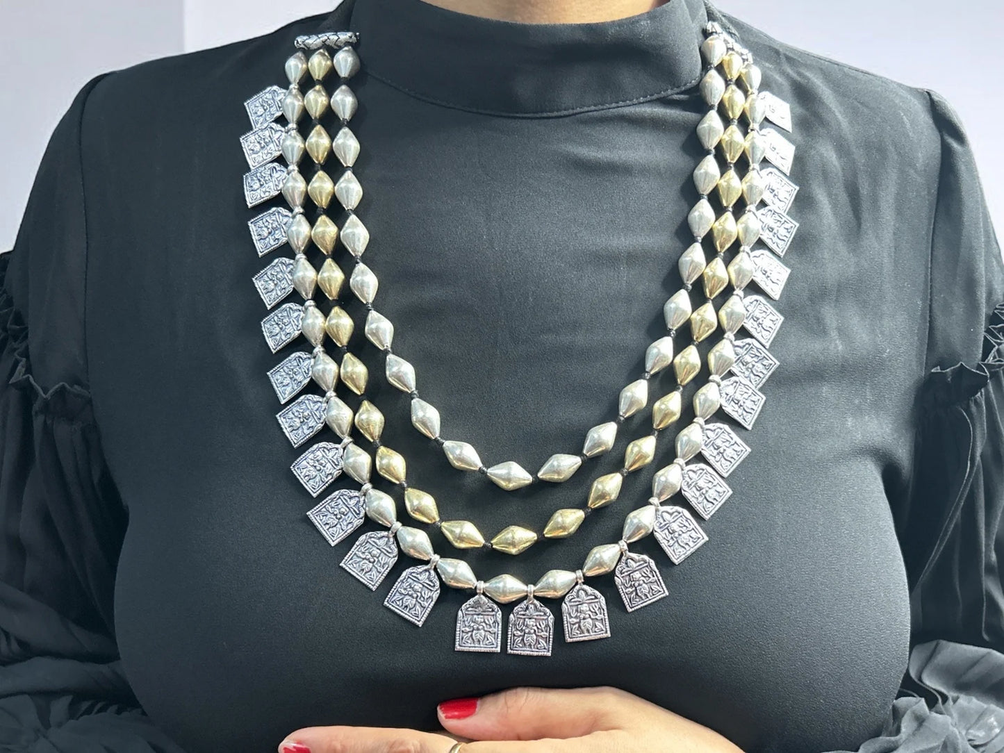 Handmade Beads Necklace. Handmade 92.5 Sterling Silver Wax covered Beads 3 Lines Raani Haar Rajasthan Tribal Queen Necklace with Kali Charms