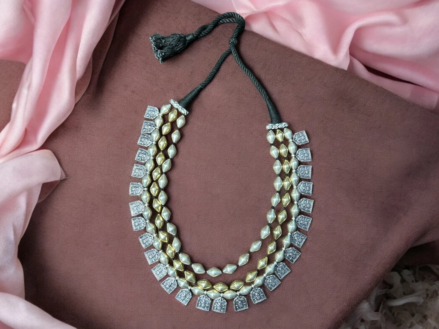 Handmade Beads Necklace. Handmade 92.5 Sterling Silver Wax covered Beads 3 Lines Raani Haar Rajasthan Tribal Queen Necklace with Kali Charms