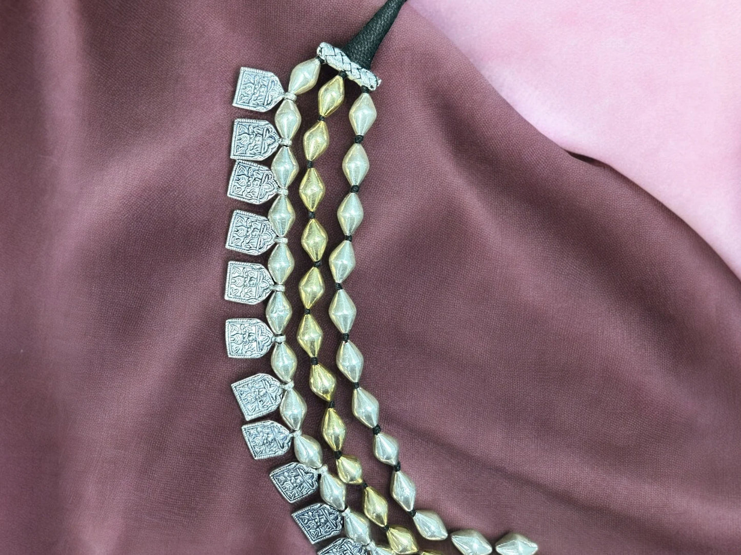 Handmade Beads Necklace. Handmade 92.5 Sterling Silver Wax covered Beads 3 Lines Raani Haar Rajasthan Tribal Queen Necklace with Kali Charms