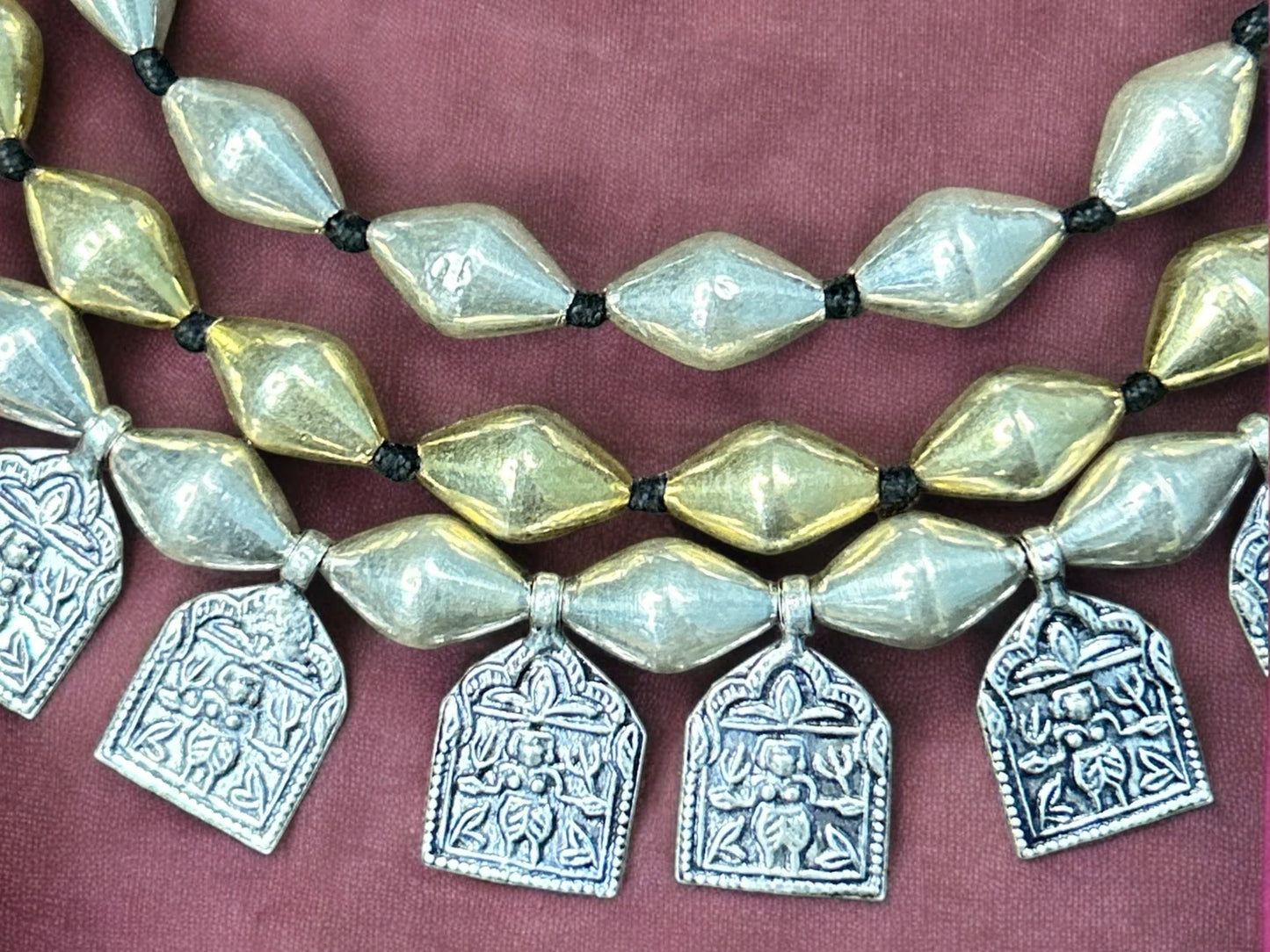 Handmade Beads Necklace. Handmade 92.5 Sterling Silver Wax covered Beads 3 Lines Raani Haar Rajasthan Tribal Queen Necklace with Kali Charms