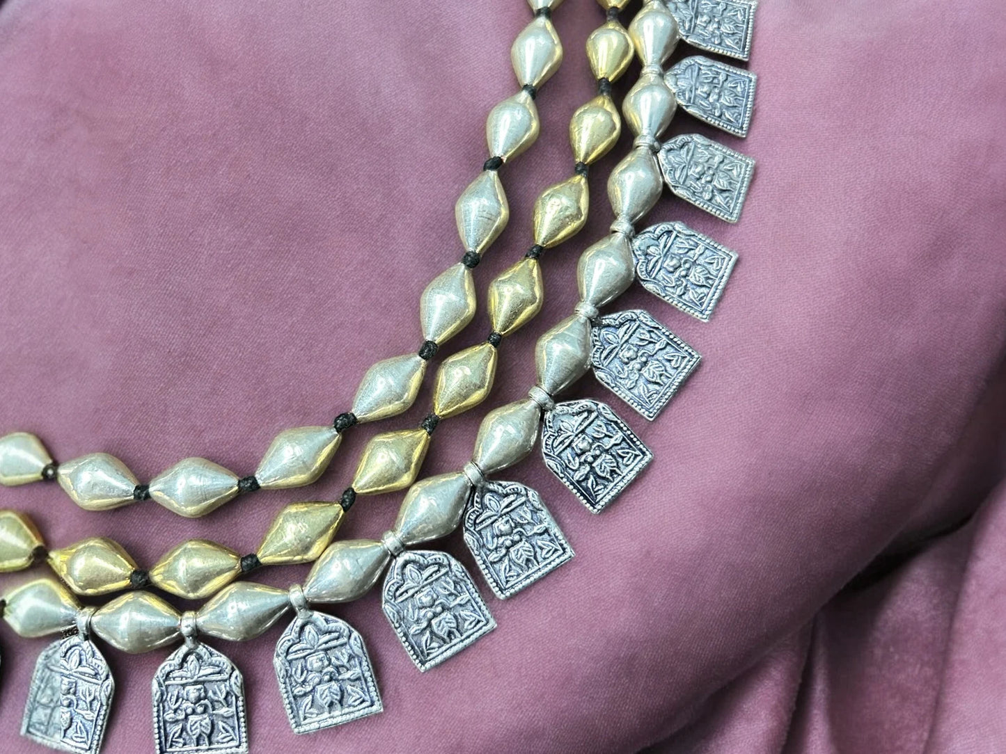 Handmade Beads Necklace. Handmade 92.5 Sterling Silver Wax covered Beads 3 Lines Raani Haar Rajasthan Tribal Queen Necklace with Kali Charms