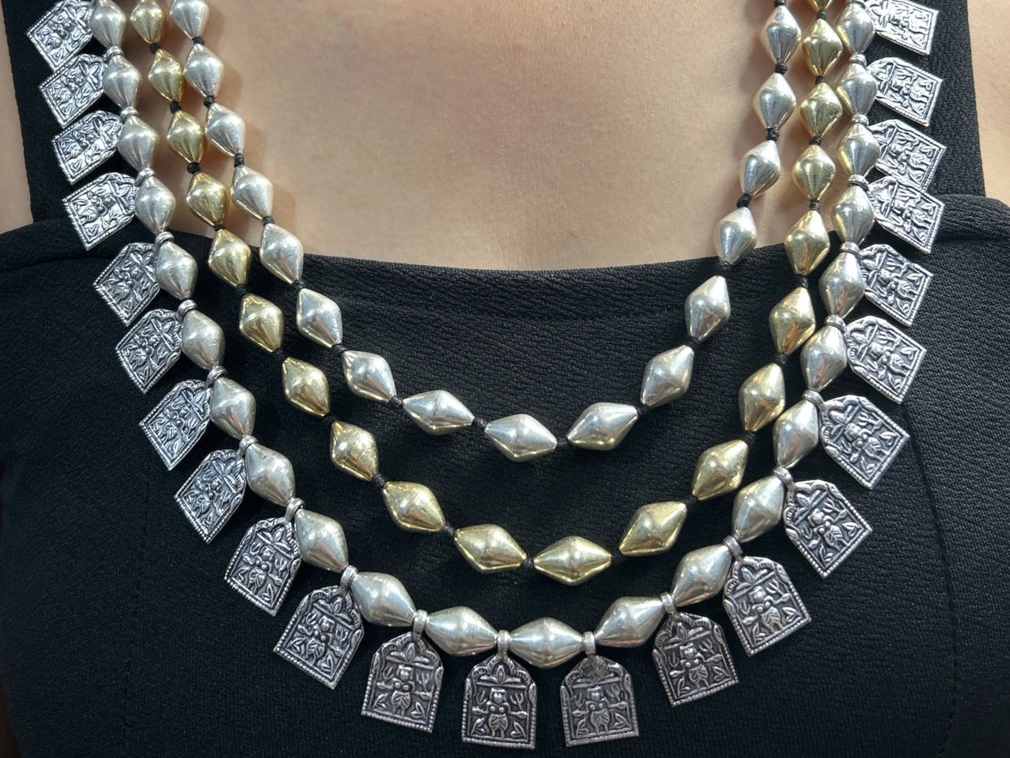 Handmade Beads Necklace. Handmade 92.5 Sterling Silver Wax covered Beads 3 Lines Raani Haar Rajasthan Tribal Queen Necklace with Kali Charms