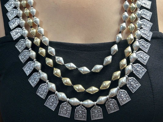 Handmade Beads Necklace. Handmade 92.5 Sterling Silver Wax covered Beads 3 Lines Raani Haar Rajasthan Tribal Queen Necklace with Kali Charms