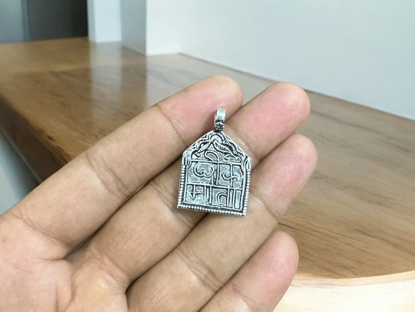 Handmade 925 Sterling Silver Kids Protector Hindu Goddess Cheek Mata Pendant Hindi Letters Rajasthan Tribal Pendant, Children Protector